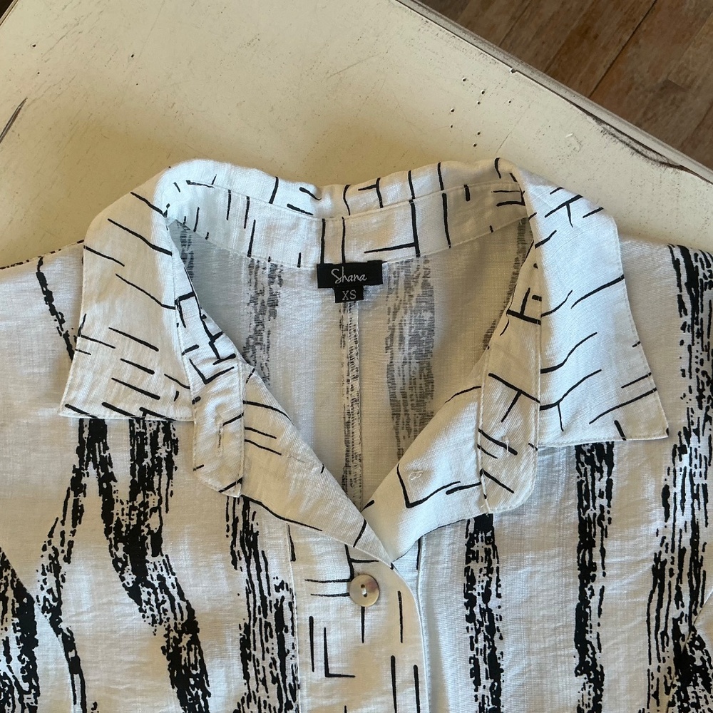 Shana White Black Abstract Relaxed Shirt Dress Artsy Lagenlook Bubble Hem XS - Picture 4 of 12